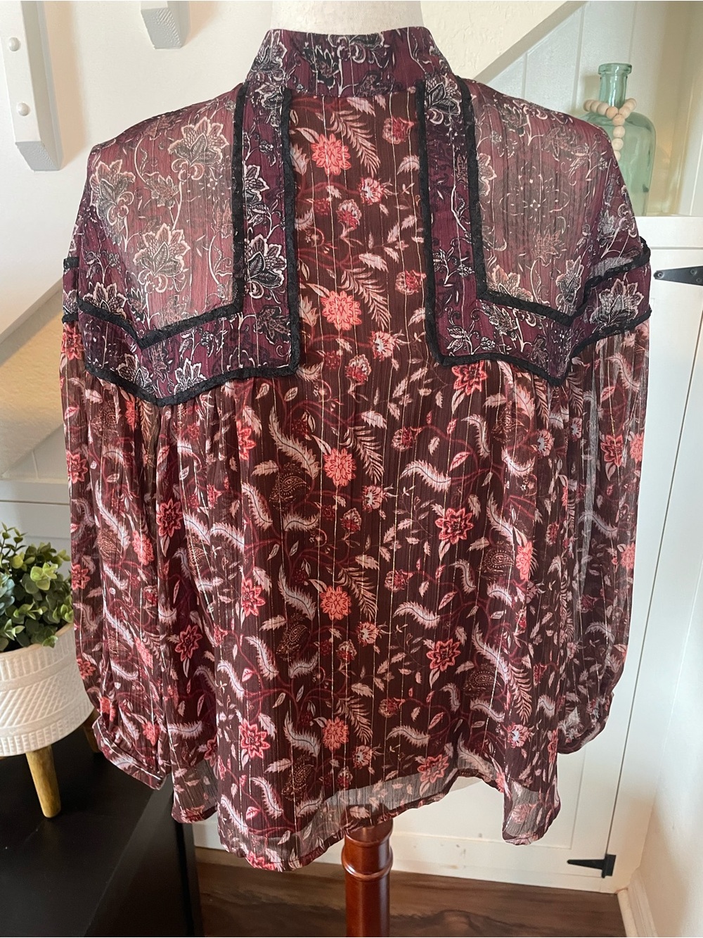 ZARA Floral Mock Neck Metallic Stripe Blouse Babydoll Top S